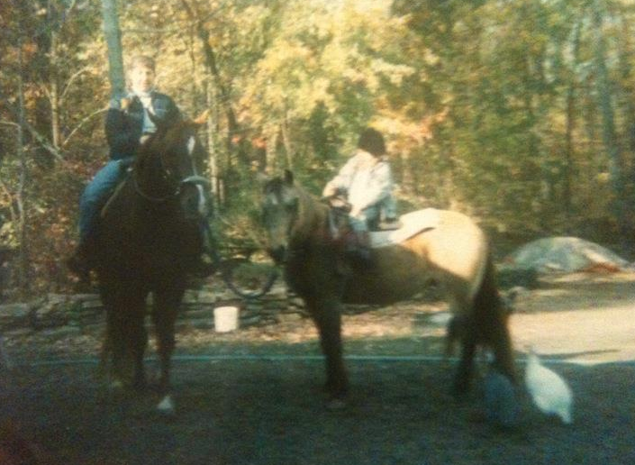 Katie (3 years old) on Pepsi Pony and her mother going for a trail ride.