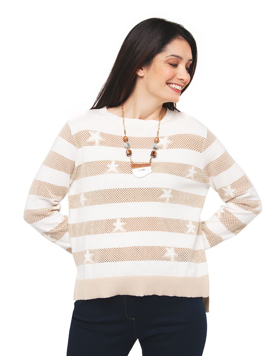 Pull rayé beige écru